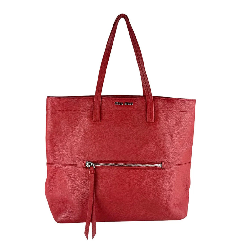 Miu Miu red pebbled leather tote bag dual shoulder zipper long leather